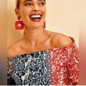 NWT Chicos Floral Patchwork RW&B Off-Shoulder Top Sz 2 (M 12-14)